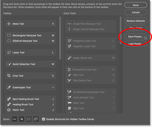 Saving the custom Toolbar layout by clicking the Save Preset button.