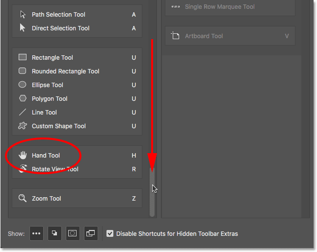 التمرير لأسفل وصولاً إلى Hand Tool في عمود شريط الأدوات. 
