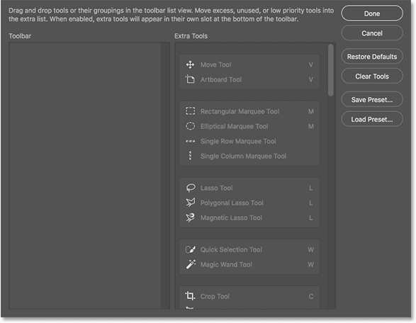 The Customize Toolbar dialog box after clicking the Clear Tools button. 