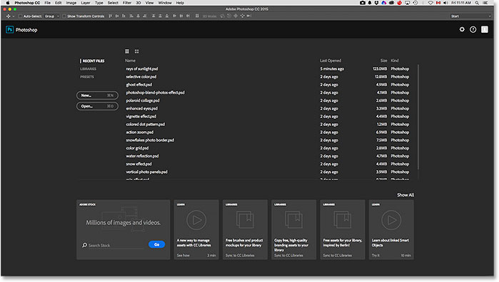 Photoshop Cc 15 New Start Screen And Recent Files Panel