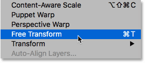 Selecting the Free Transform command in Photoshop CS6. Image © 2012 Steve Patterson