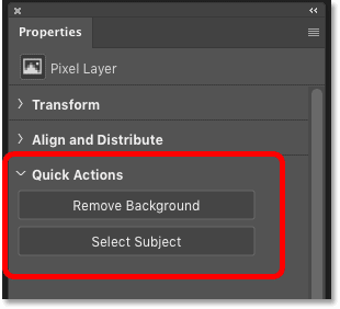 The Remove Background and Select Subject options in Photoshop's Properties panel