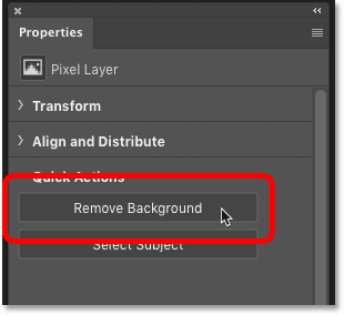 Choosing the Remove Background command in Photoshop's Properties panel