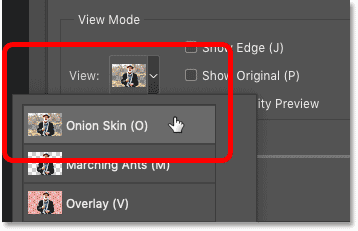 ضبط العرض على Onion Skin في مساحة عمل Select and Mask في Photoshop