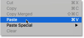 Choosing the Paste command in Photoshop