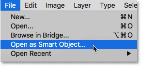 Choosing the Open as Smart Object command from the File menu in Photoshop