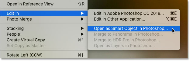 The Open as Smart Object in Photoshop command in Adobe Lightroom