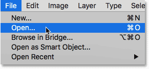 Choosing the Open command from the File menu in Photoshop