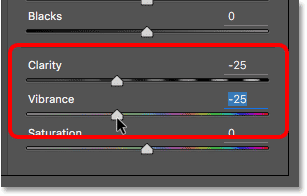 Lowering the Clarity and Vibrance settings in the Camera Raw Filter