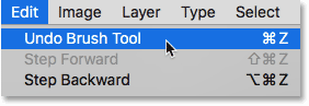 Choosing Undo Brush Stroke under the Edit menu in Photoshop