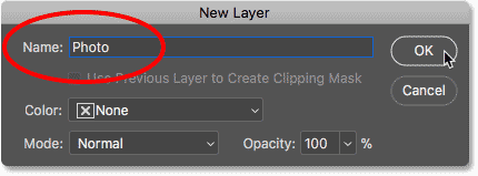 Memasukkan nama baru di kotak dialog New Layer di Photoshop