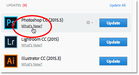 Clicking the What's New? link for Photoshop CC.