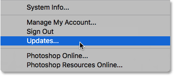 Choosing Updates from under the Help menu in Photoshop.