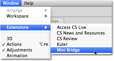 Choosing Mini Bridge from the Window > Extensions menu in Photoshop CS5. 