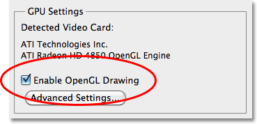 The GPU Settings section in the Preferences in Photoshop CS5. 