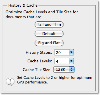 The History and Cache section in the Preferences in Photoshop CS5. 