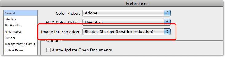 The Image Interpolation option in the Photoshop Preferences dialog box in Photoshop CS5. 