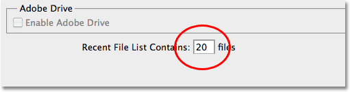 The Recent File List option in the Photoshop CS5 Preferences. 