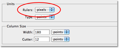 Changing the Rulers unit of measurement to Pixels in the Preferences in Photoshop CS5. 