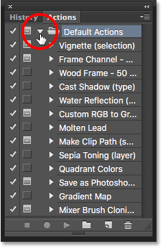 Les actions par défaut dans le panneau Actions de Photoshop. Image © 2016 Photoshop Essentials.com