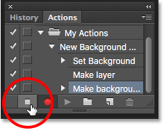 Cliquer sur l'icône Stop pour arrêter l'enregistrement de l'action. Image © 2016 Photoshop Essentials.com