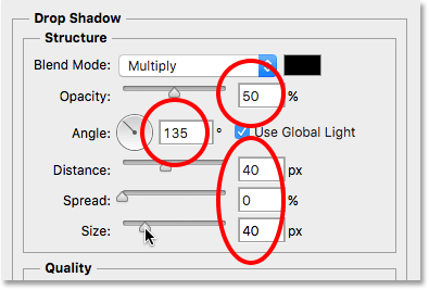 Las opciones de la Sombra en el cuadro de diálogo Estilo de capa. Imagen © 2016 Photoshop Essentials.com