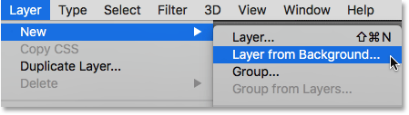 Selecting the New Layer from Background command. Imagem © 2016 Photoshop Essentials.com