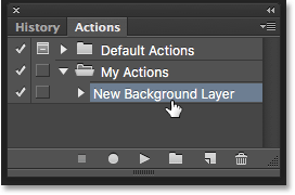 アクション「新規背景レイヤー」を選択します。 Image © 2016 Photoshop Essentials.com