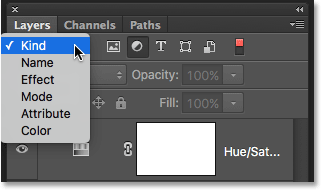 Click the Filter Type box to view all the ways we can filter layers. Image © 2016 Photoshop Essentials.com