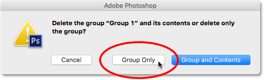 Choosing to delete the group only. Image © 2016 Photoshop Essentials.com