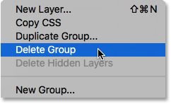 اختيار Delete Group من قائمة لوحة Layers.  صورة © 2016 Photoshop Essentials.com