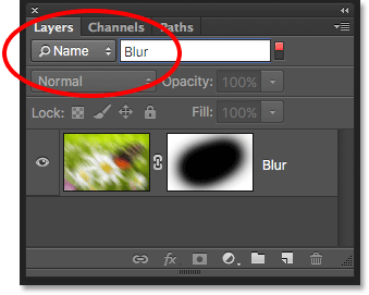 The Name option lets us quickly find a layer by searching for its name. Image © 2016 Photoshop Essentials.com