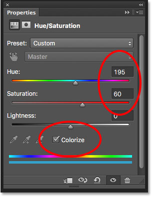 The Hue/Saturation controls in the Properties panel. Image © 2016 Photoshop Essentials.com