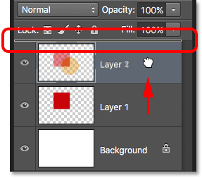 Dragging Layer 1 above Layer 2 in the Layers panel. 