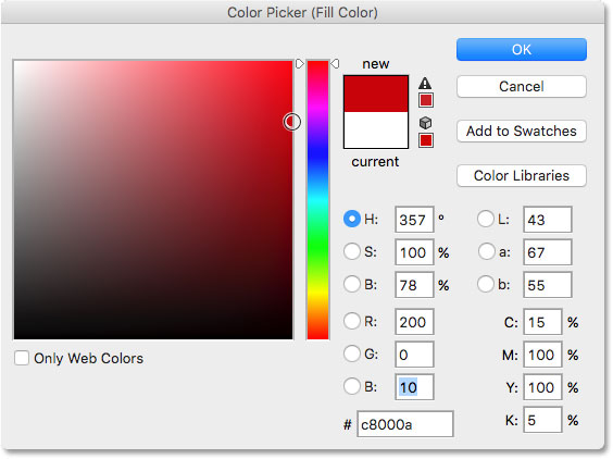 Choosing a color from the Color Picker in Photoshop. Image © 2016 Photoshop Essentials.com