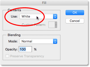 تغيير خيار Use إلى White في شاشة Fill في Photoshop.  صورة © 2016 Photoshop Essentials.com
