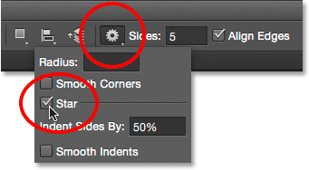 Choosing the Star option for the Polygon Tool. 