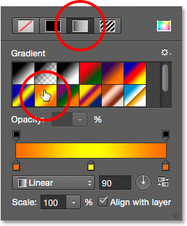 Choosing the gradient option for the shape fill. 