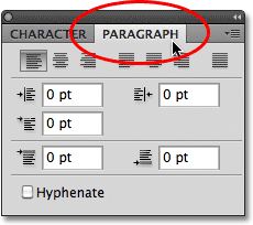 Selecting the Paragraph panel in Photoshop. 