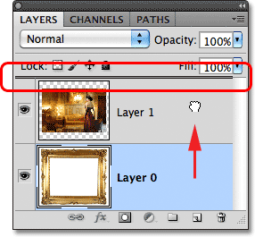 Dragging Layer 0 above Layer 1 in the Layers panel. 