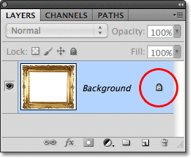 The lock icon on the Background layer in the Layers panel in Photoshop. 