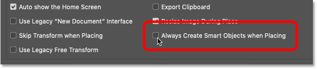 The Always Create Smart Objects when Placing option in Photoshop's Preferences