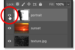 Clicking the layer visibility icons in Photoshop's Layers panel to show or hide the images