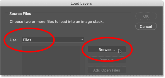 Setting the Use option to either Files or Folder and clicking Browse in Photoshop's Load Layers dialog box