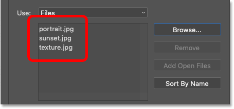 Photoshop's Load Layers dialog box listing the names of the images that will be loaded