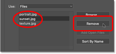 Selecting an image to remove in Photoshop's Load Layers dialog box