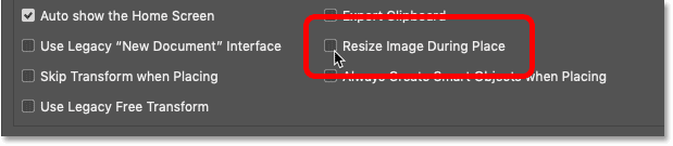 The Resize Image During Place option in Photoshop's Preferences