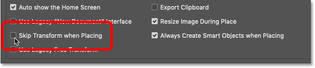 The Skip Transform when Placing option in Photoshop's Preferences