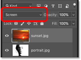 Changing the blend mode of the sunset layer to Screen in Photoshop's Layers panel