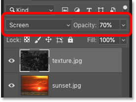 Changing the blend mode and opacity of the texture image in Photoshop's Layers panel